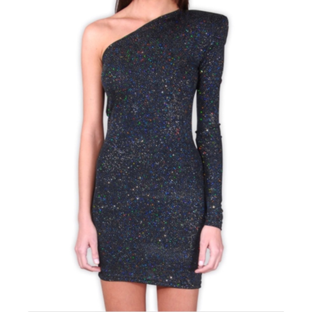 Brian Lichtenberg Black Sparkle One Shoulder Dress
